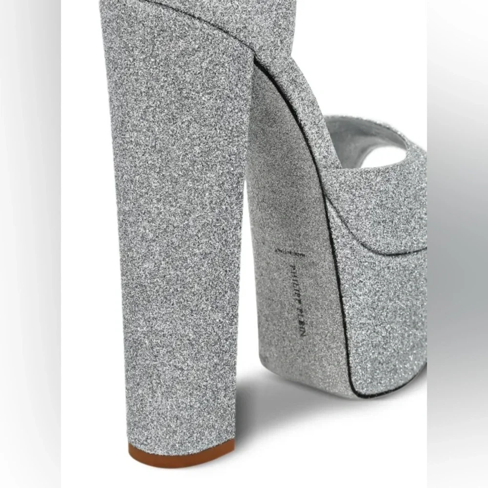 Philipp Plein Silver Glitter Platform Sandals